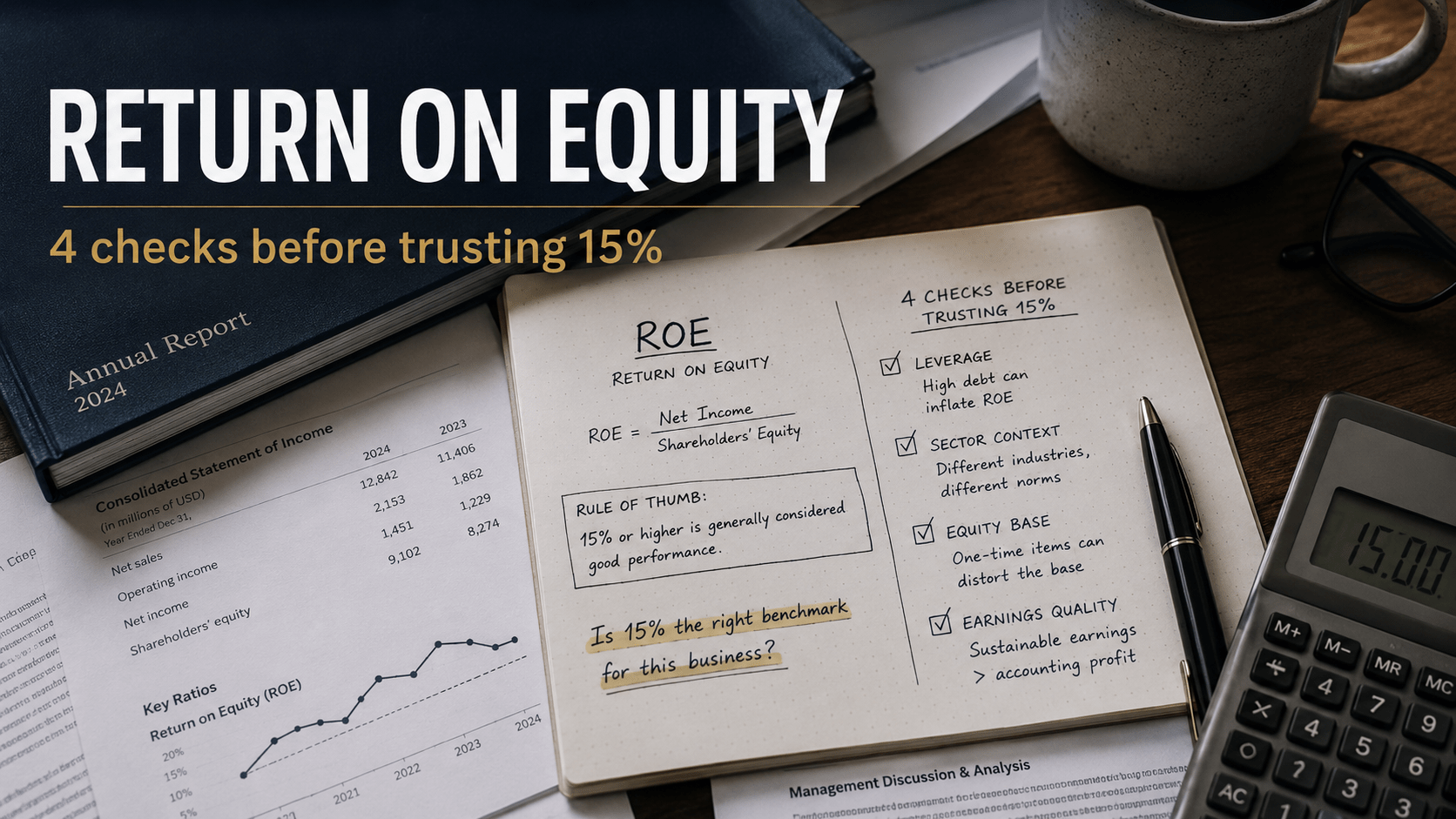 Return on equity analysis with four checks for leverage, sector, negative equity, and earnings quality
