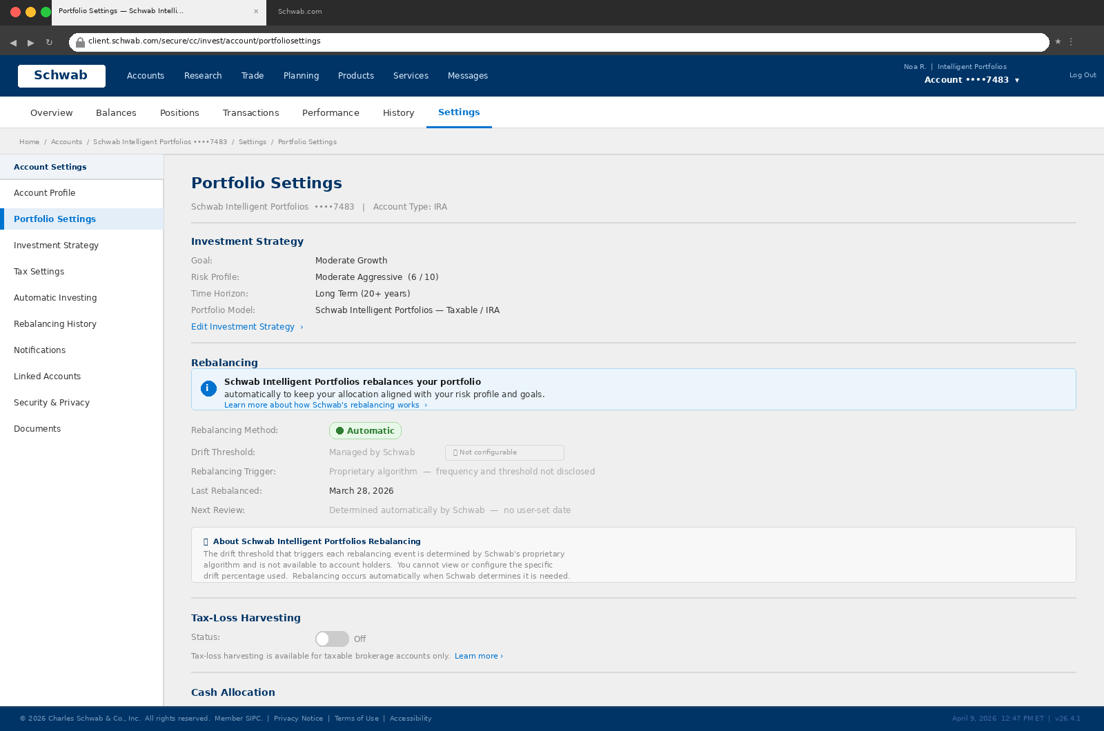 Schwab Intelligent Portfolios account settings showing no user-facing threshold field for portfolio rebalancing strategy