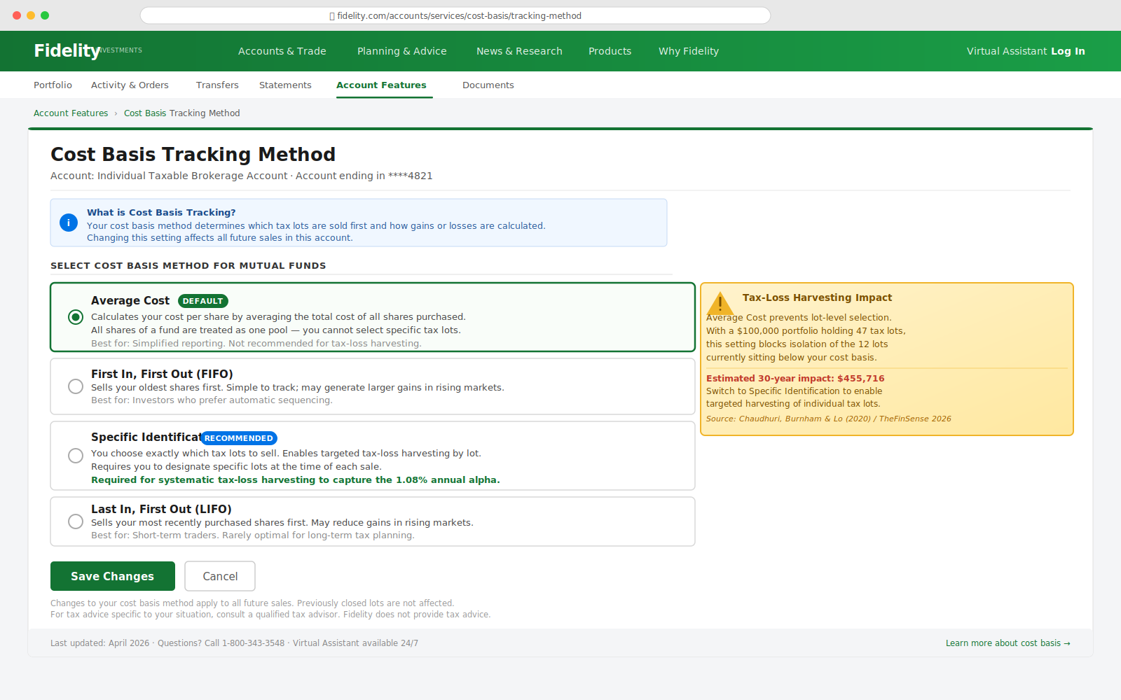 Fidelity brokerage account cost basis method settings page with Average Cost default highlighted Tax loss harvesting rules require Specific Identification cost basis shown in Fidelity account settings