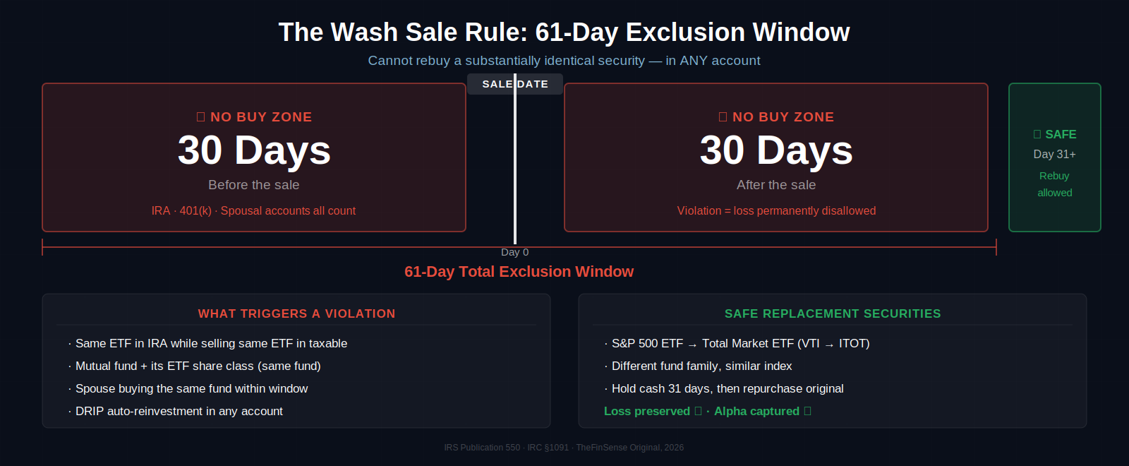 Wash sale rule 30-day before and after timeline for tax loss harvesting compliance Tax loss harvesting rules 30-day wash sale window timeline showing buy and sell boundaries
