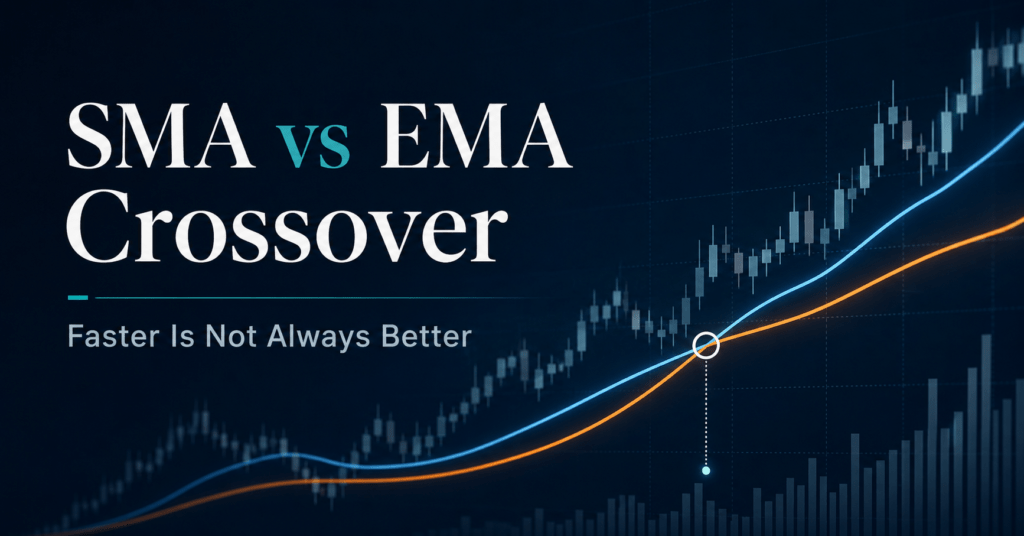 SMA vs EMA crossover comparison showing signal timing, turnover, and backtest results