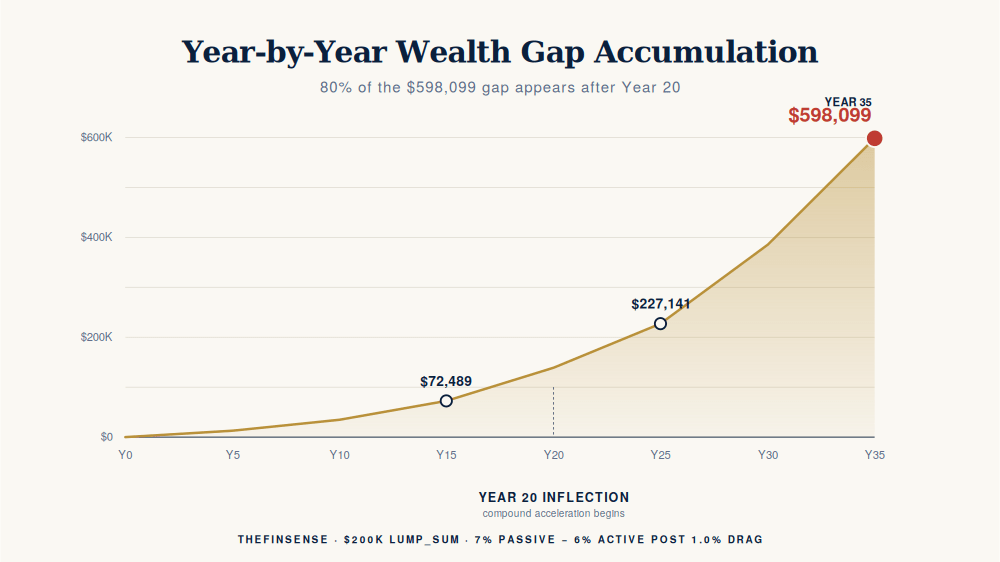 Line chart: year-by-year cumulative wealth gap accumulating from $12,865 in Year 5 to $598,099 by Year 35 on $200K balance.