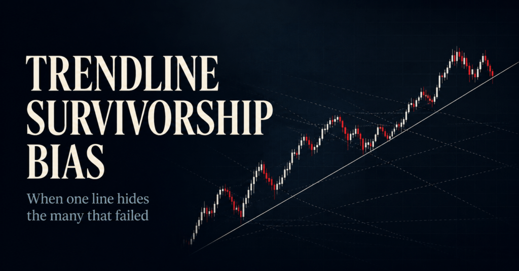 Trendline survivorship bias showing a surviving chart line beside rejected alternatives