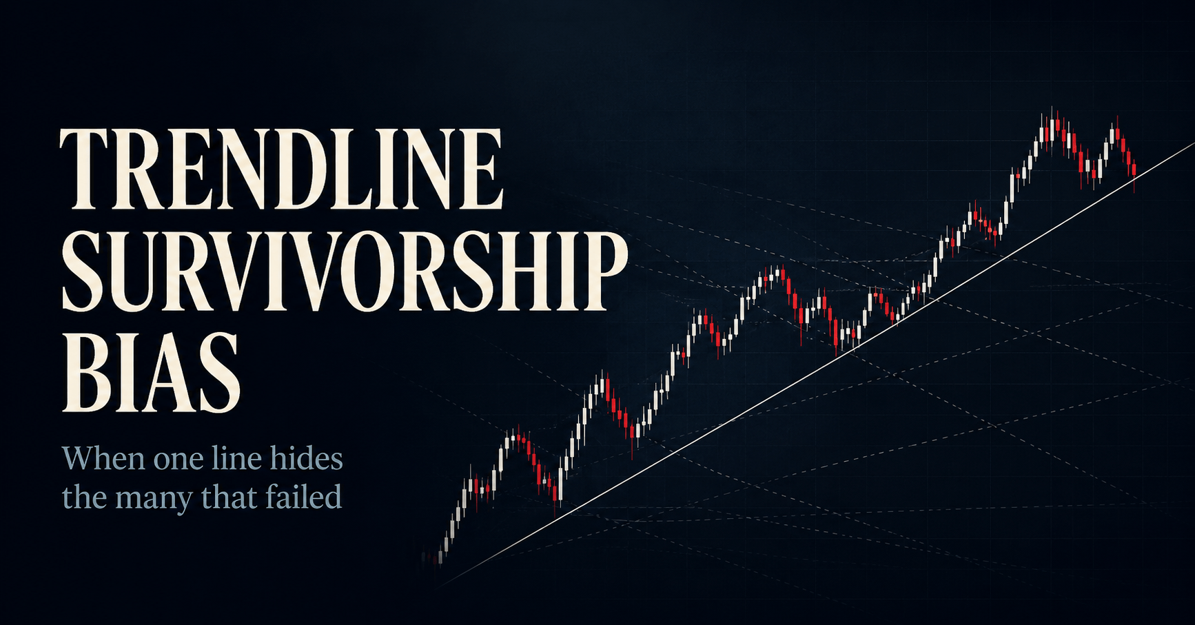 Trendline survivorship bias showing a surviving chart line beside rejected alternatives