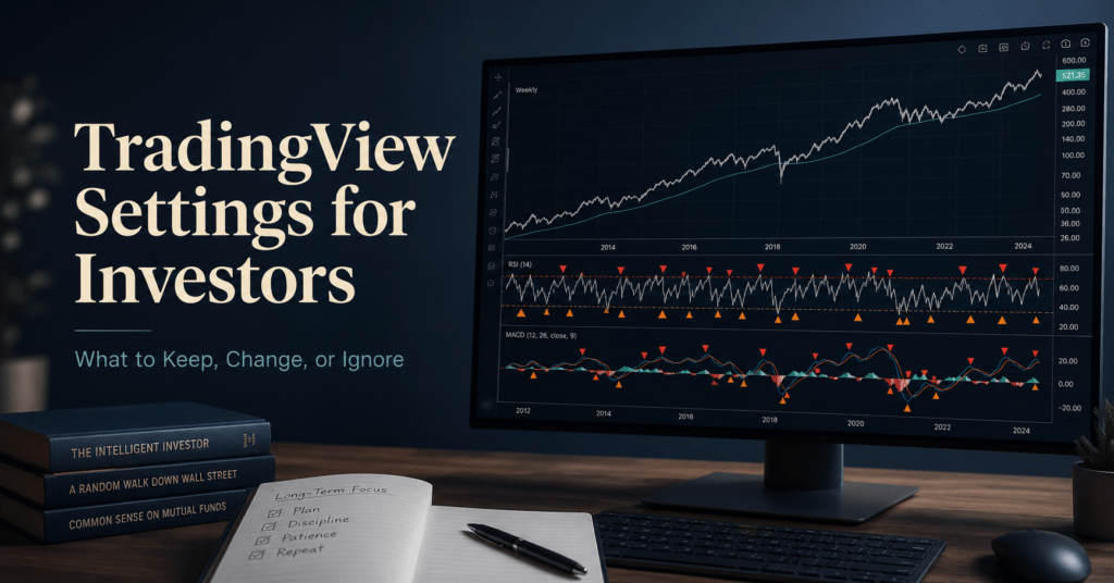 TradingView settings for investors with RSI and MACD indicators beside a long-term investment chart