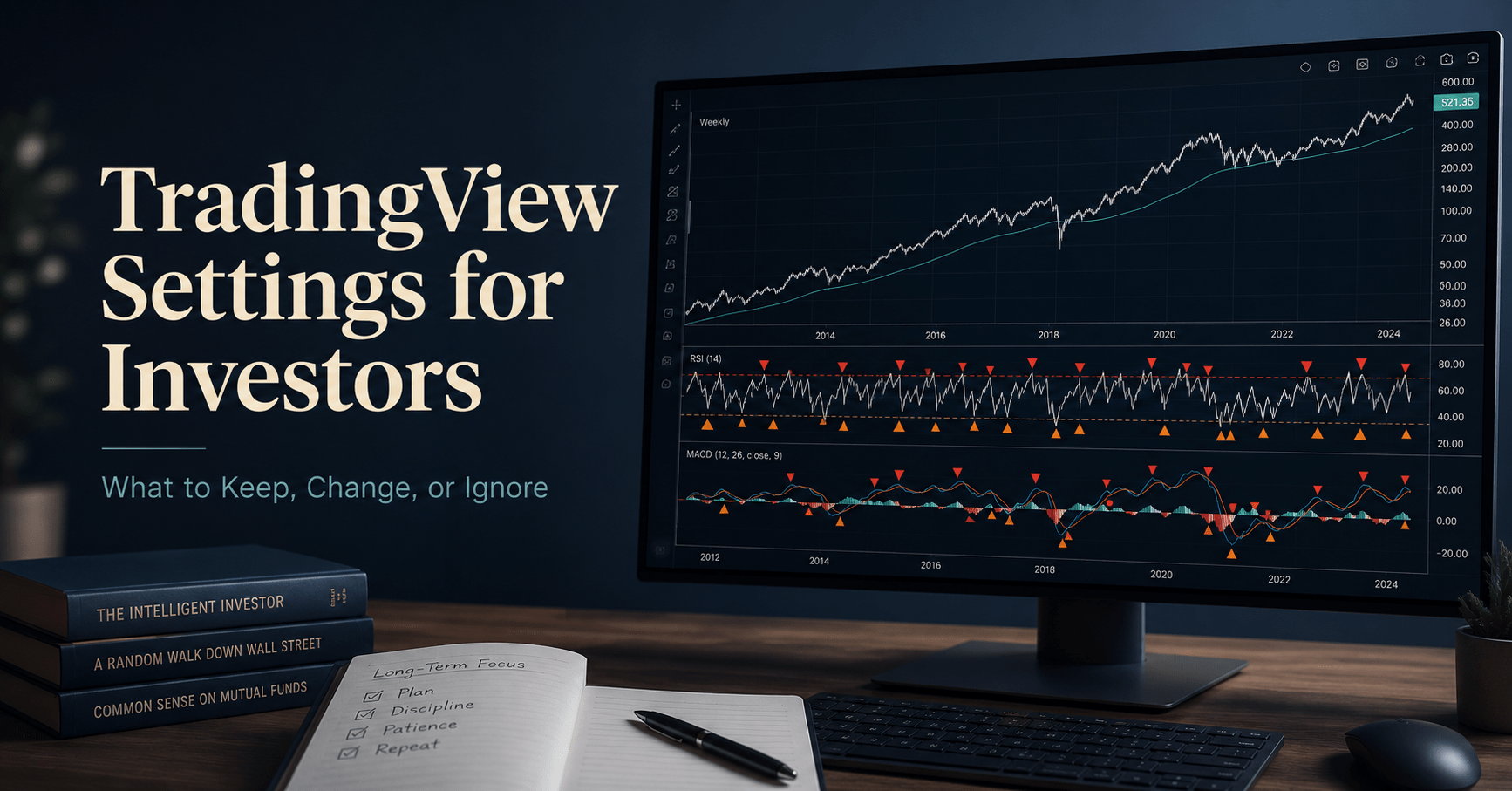 TradingView settings for investors with RSI and MACD indicators beside a long-term investment chart