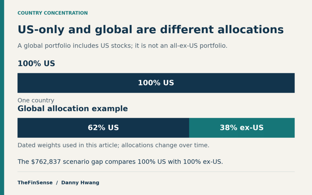 100% US compared with the article’s dated global allocation example of 62% US and 38% ex-US; the $762,837 model compares two pure regional sleeves