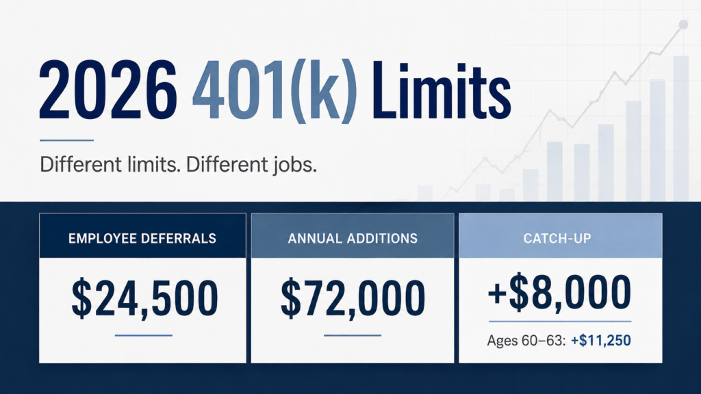 2026 401k contribution limits for employee deferrals, annual additions, and catch-up contributions
