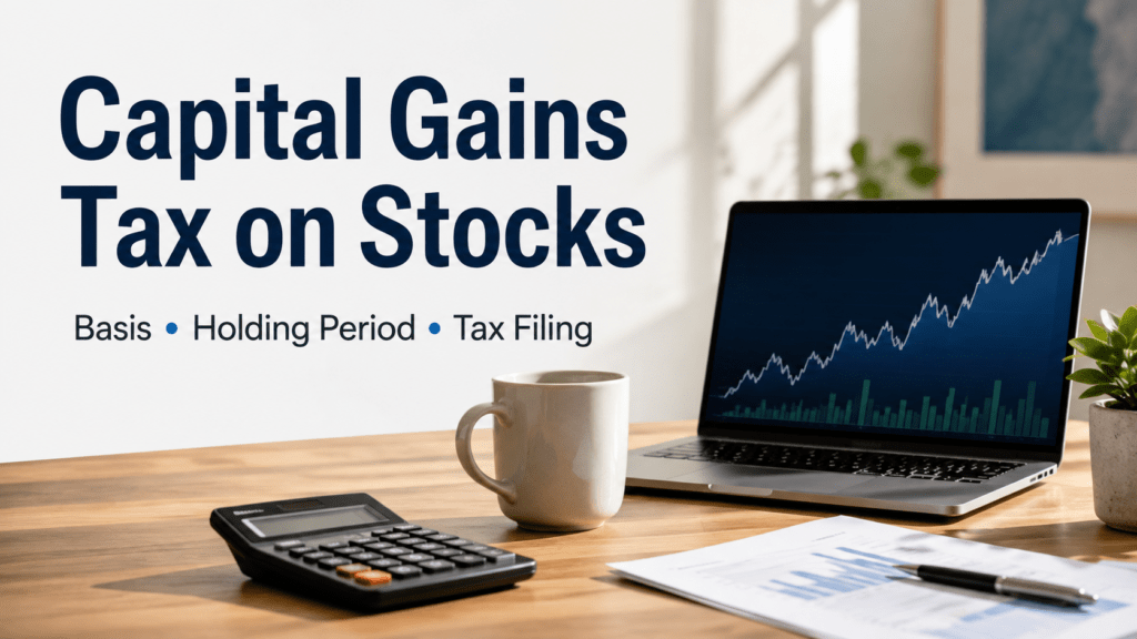 Capital Gains Tax on Stocks: Short-Term, Long-Term, and Cost Basis Rules 2 Capital gains tax stock-sale flow from basis and holding period through netting, Form 8949, and the rate layer
