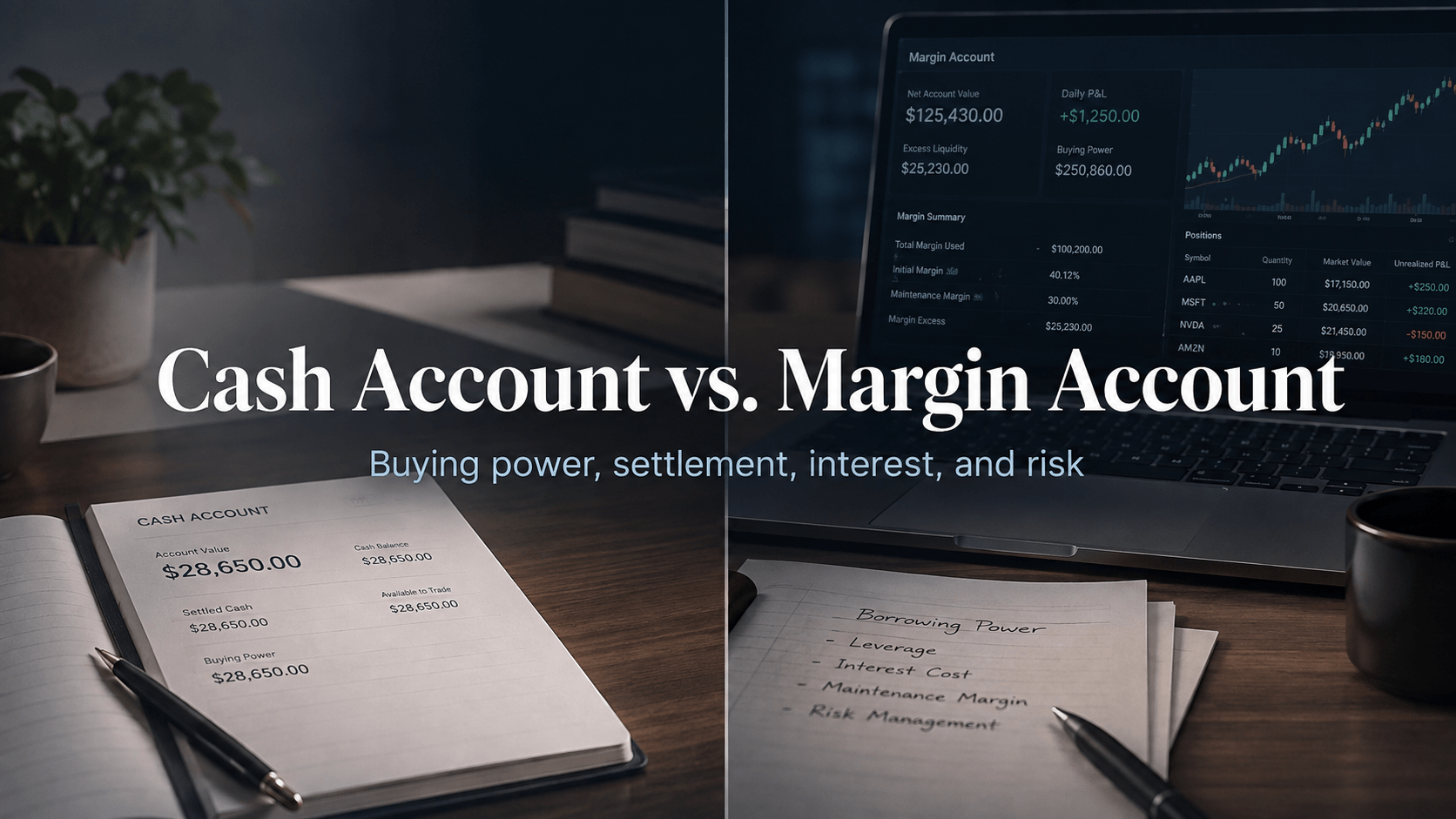 Cash account vs margin account comparison showing settled cash, borrowing, interest, and forced-liquidation risk