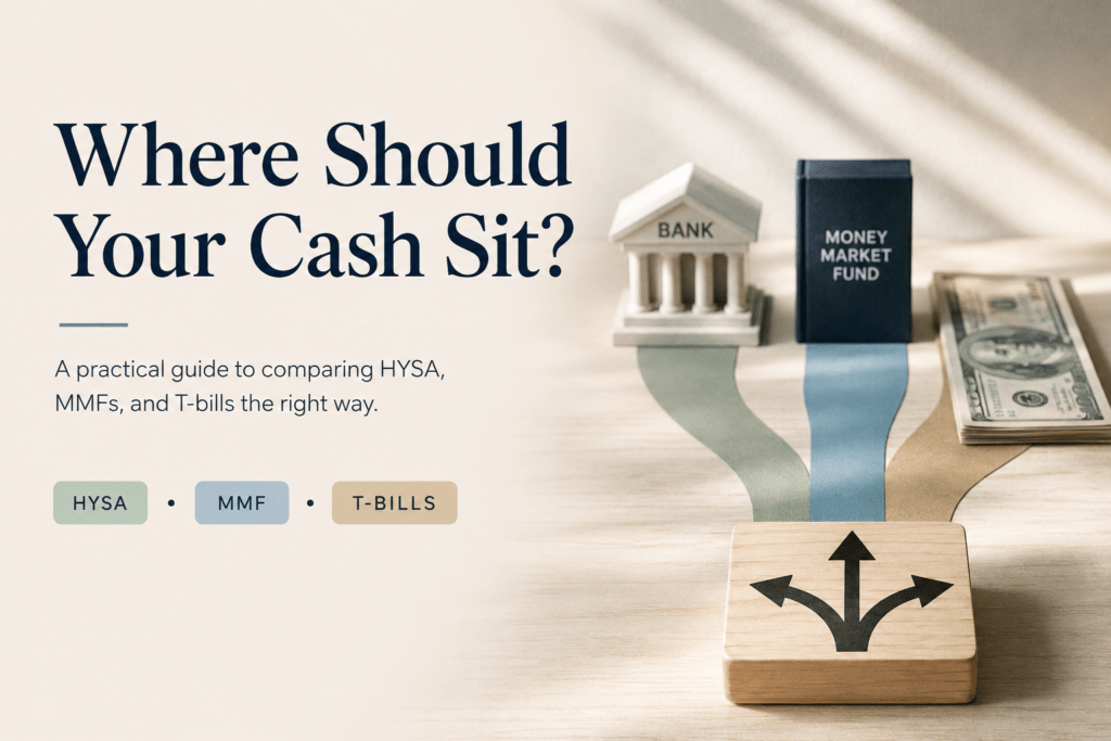 HYSA vs money market fund comparison with T-bills shown as three options for where to park cash