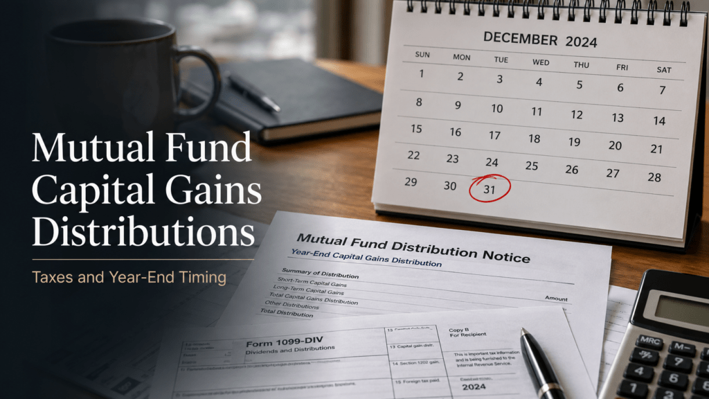 December calendar beside a mutual fund distribution notice and Form 1099-DIV, illustrating mutual fund capital gains and year-end tax timing.