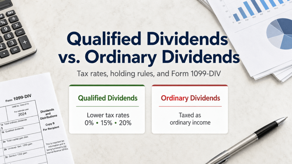 Qualified dividends compared with ordinary dividends using Form 1099-DIV and federal tax rates