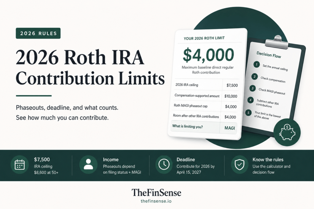 Featured image for a 2026 Roth IRA contribution limits article showing the topic, phaseouts, deadline, and contribution rules