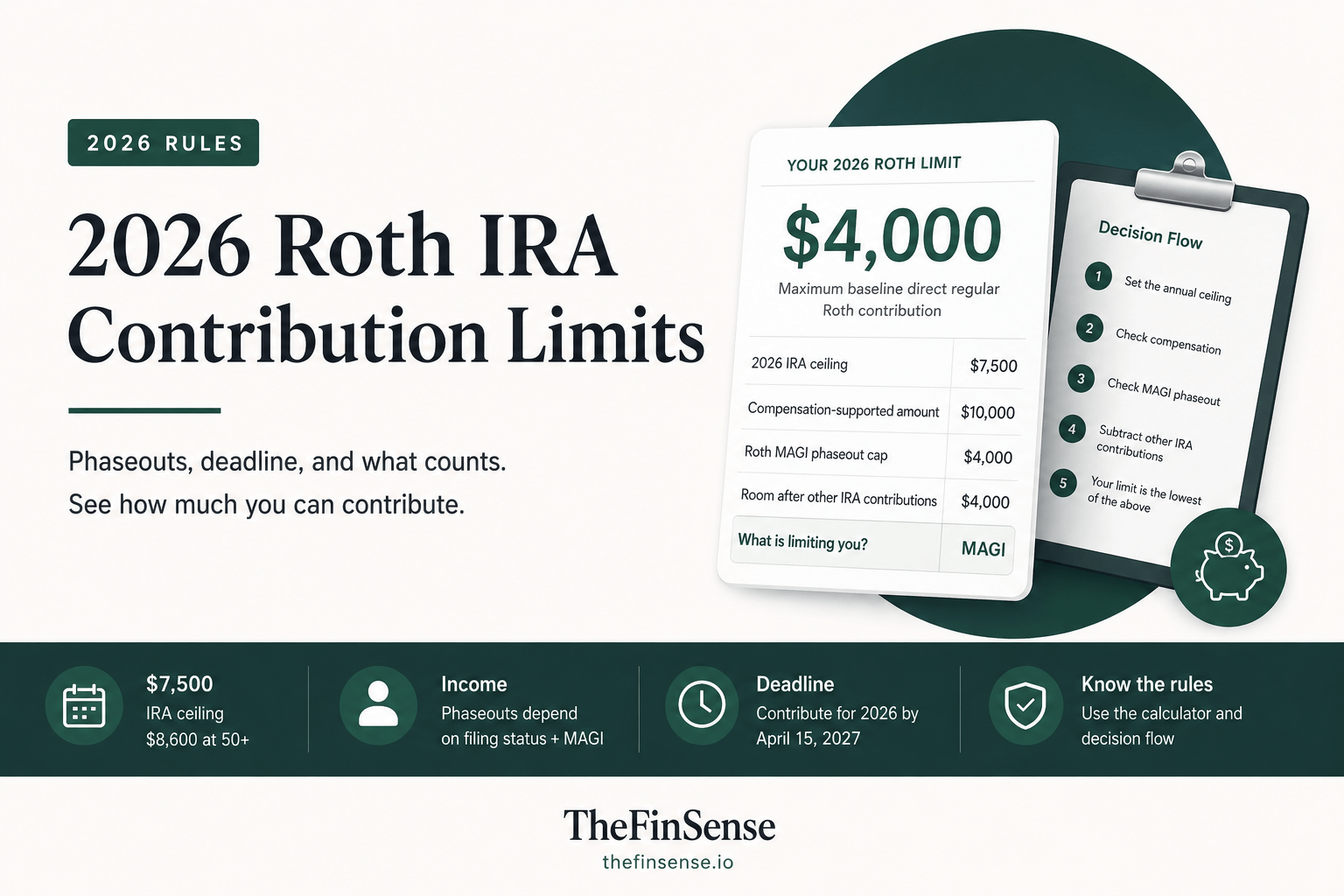 Featured image for a 2026 Roth IRA contribution limits article showing the topic, phaseouts, deadline, and contribution rules