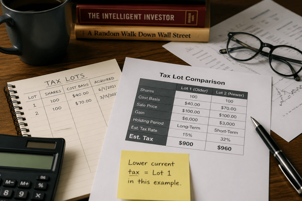 FIFO Stock Sales vs. Specific Identification: Which Tax Lots Should You Sell? 2 FIFO stock sales tax lot comparison with basis, holding period, estimated tax, calculator, and investment records on a desk.