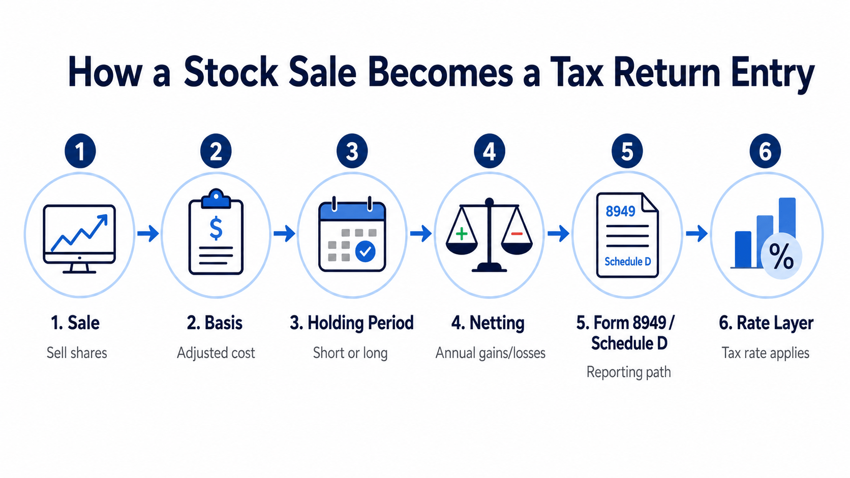 Capital Gains Tax on Stocks: Short-Term, Long-Term, and Cost Basis Rules 3 Capital gains tax stock-sale flow from basis and holding period through netting, Form 8949, Schedule D, and the tax-rate layer