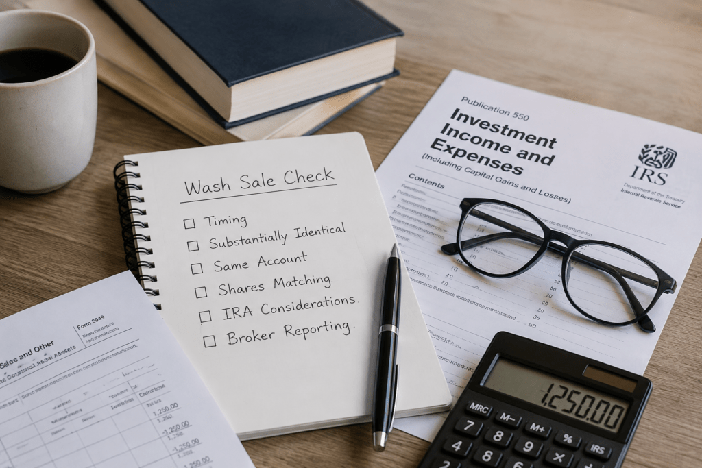 Wash sale rule tax-planning desk with a Wash Sale Check notebook, IRS Publication 550, Form 8949, and a calculator.