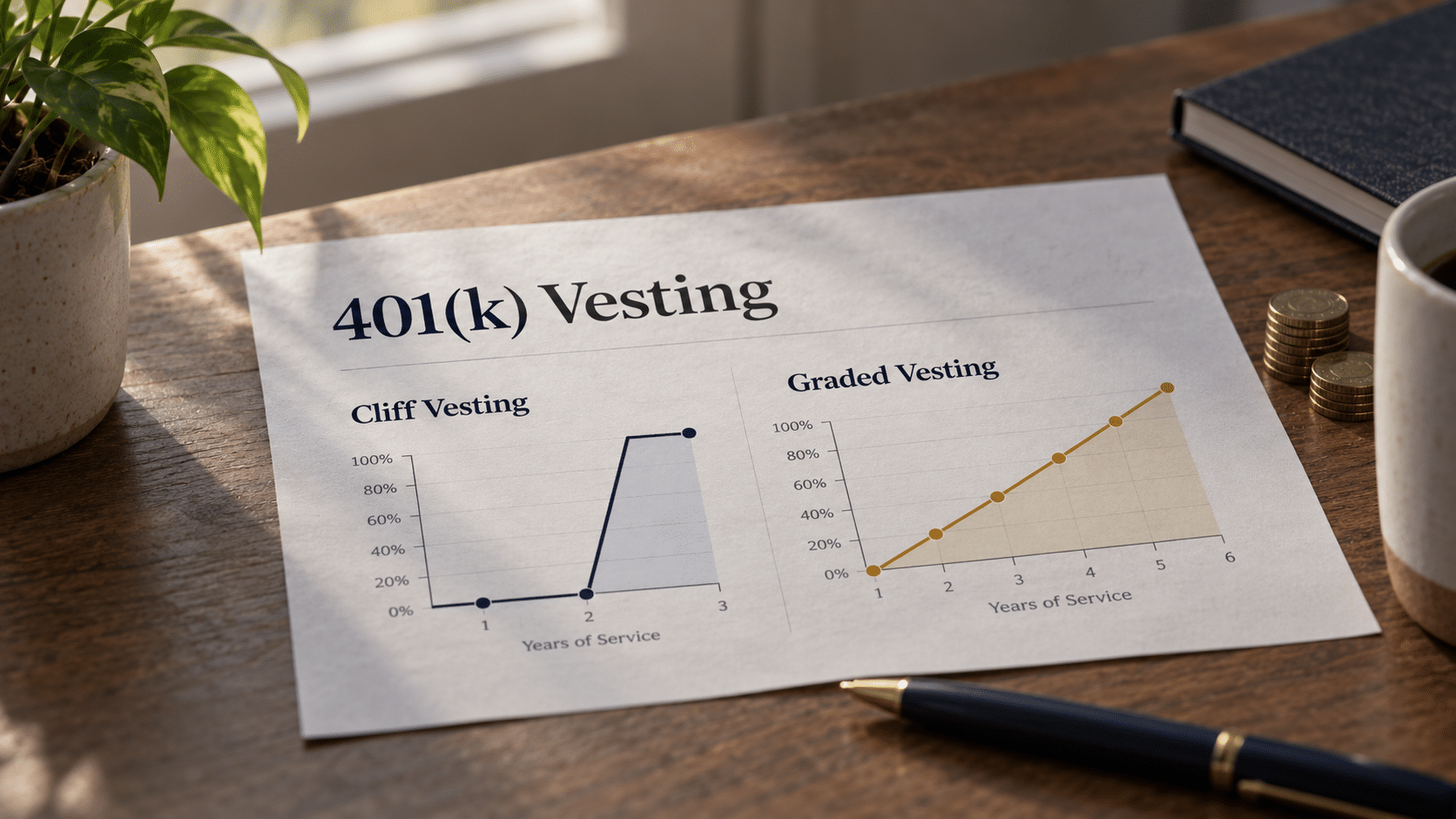 401(k) vesting schedule showing cliff vs. graded vesting by years of service Caption