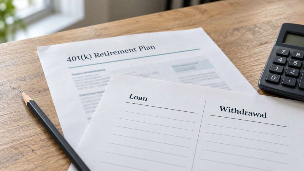 401(k) loan vs. withdrawal worksheet beside retirement plan paperwork, a pencil, and a calculator on a wooden desk.