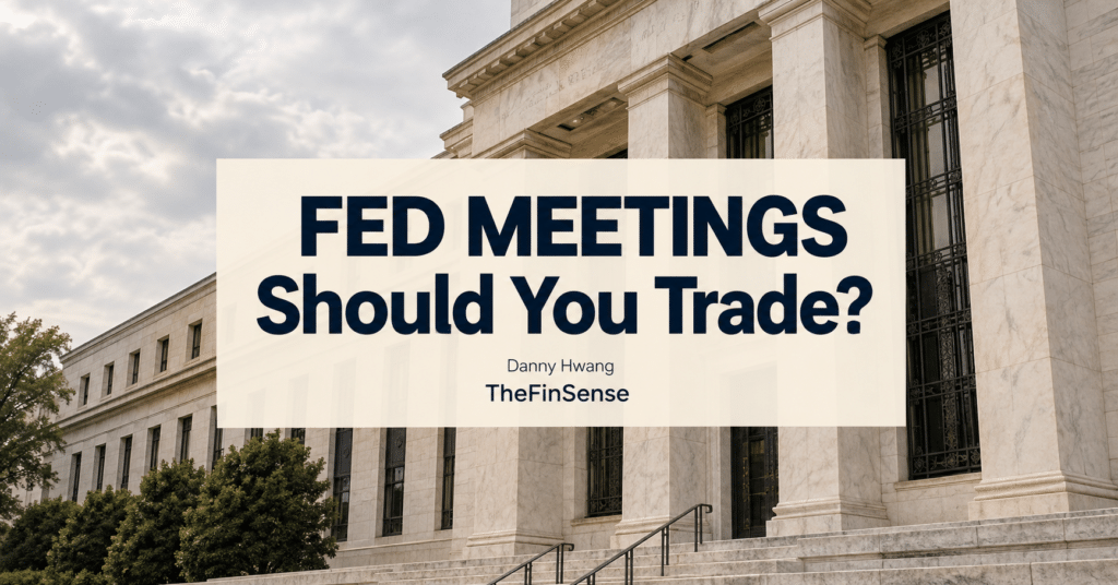 Fed meetings: Should you trade? Editorial illustration with a classical-column building background, by Danny Hwang for TheFinSense.